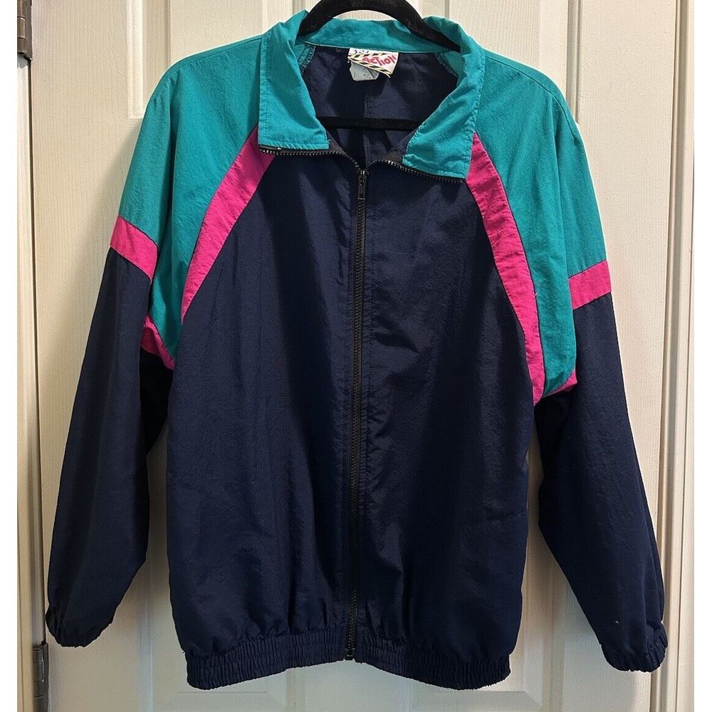 Vintage 90s 3-2-1 Action Green Pink Blue Colorblock Windbreaker Jacket Wmn S